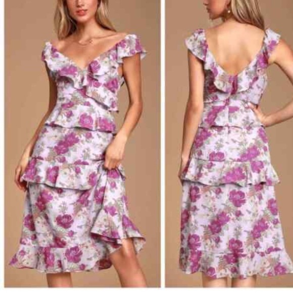 Lulu’s Fleur-Evermore Purple Tiered Floral Print Ruffle Midi Dress - Picture 1 of 9